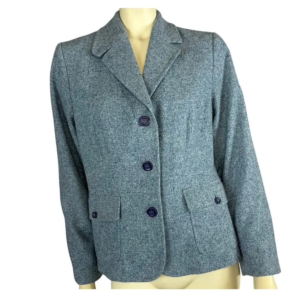 Vintage 1990s L.L. Bean Blue Wool Silk Mix Tweed Blazer medium petite - Picture 3 of 16